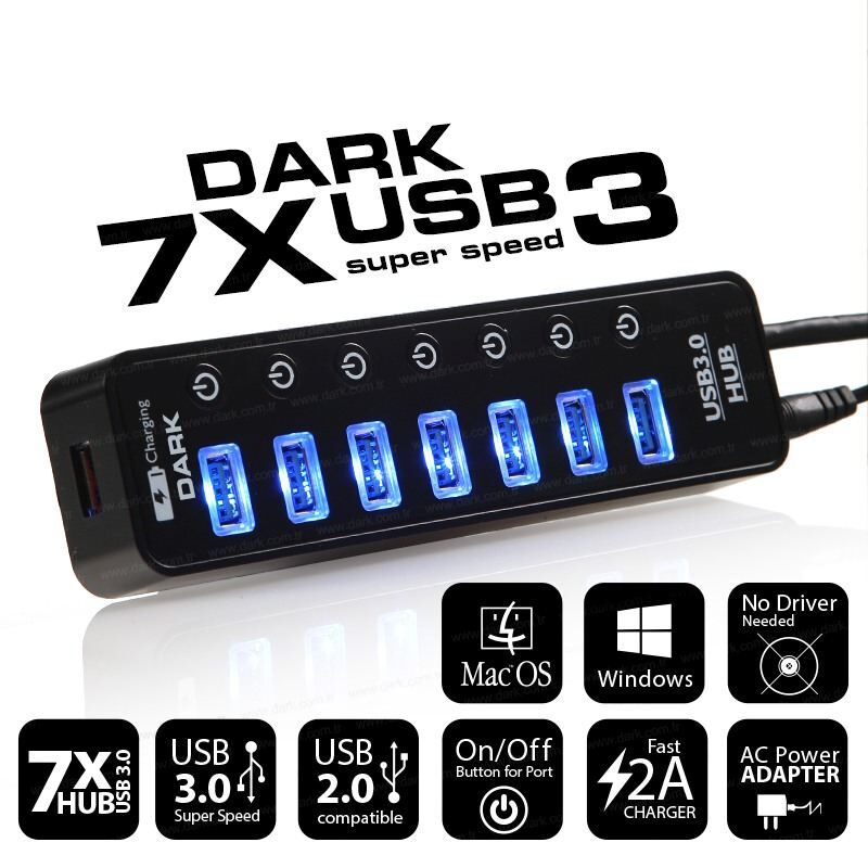 DARK DK-AC-USB371 7 PORT USB3.0 +1 PORT 2A ADAPTÖRLÜ USB HUB