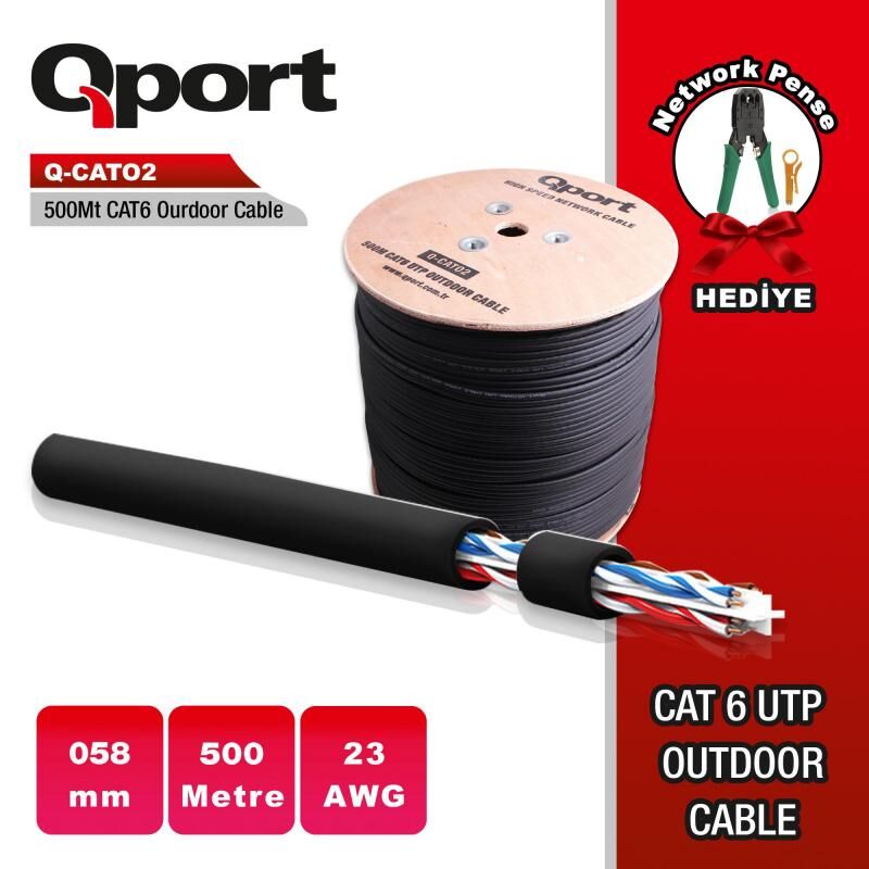 QPORT CAT6 500M Outdoor Awg 23 0.58mm UTP Makaralı Network Kablosu Q-CATO2