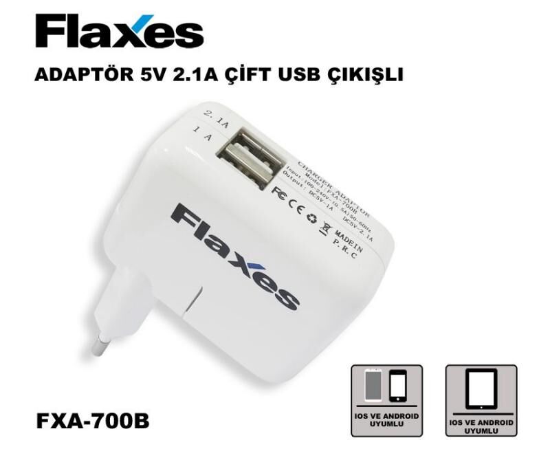 FLAXES FXA-700B 5V 2,1 AMPER    1 AMPER TABLET VE GSM ADAPTÖRÜ - ÇİFT USB BEYAZ