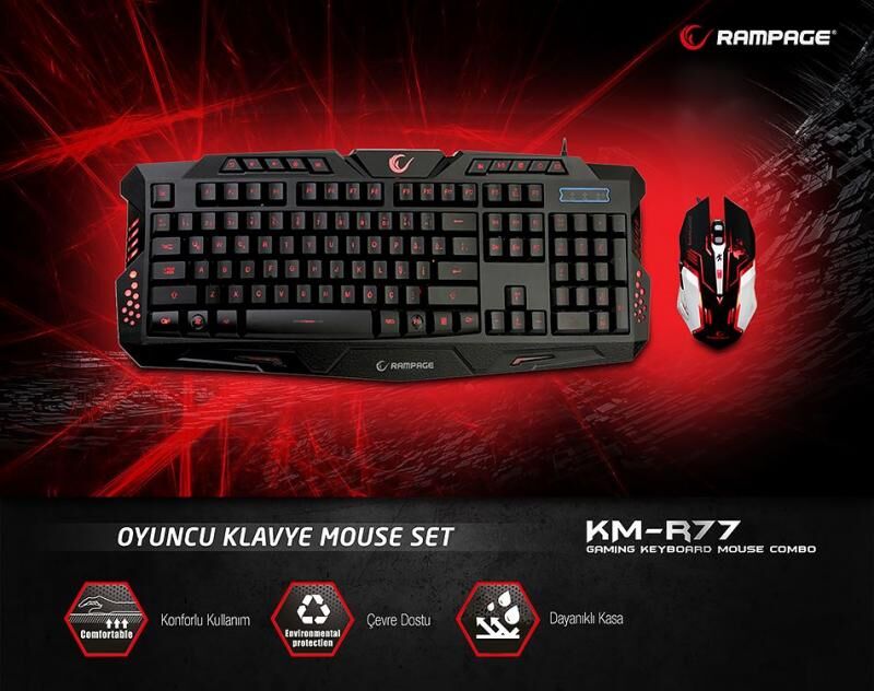 RAMPAGE USB 3 Farklı LED'li Gaming Q Multimedya Siyah Klavye,Mouse Set KM-R77