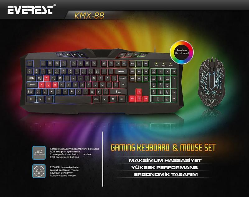 EVEREST Kablolu USB Gökkuşağı Q Multimedya Gaming Klavye,Mouse Set KMX-88