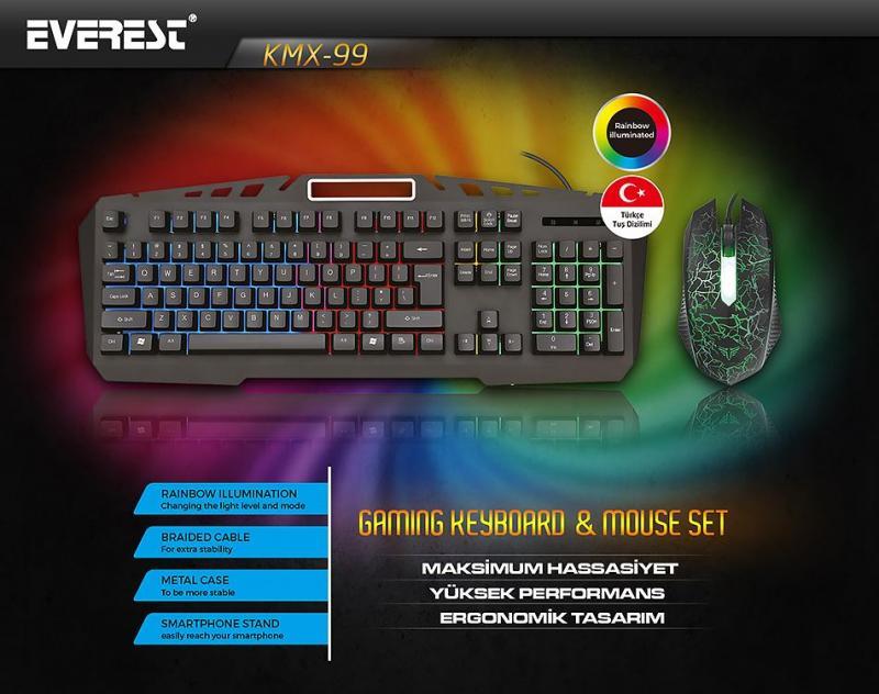 EVEREST USB Gökkuşağı Zemin Aydınlatmalı Q Siyah Gaming Klavye,Mouse Set KMX-99