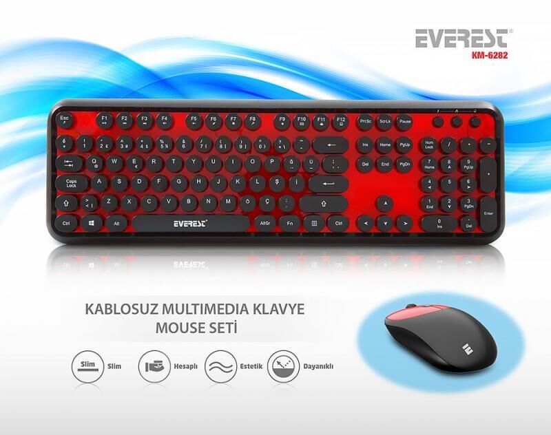 EVEREST Kablosuz Q Multimedya Siyah,Kırmızı Klavye,Mouse Set KM-6282-SK