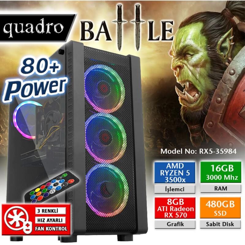 QUADRO BATTLE-RX5-35984 BATTLE RX5-35984 Ryzen 5 3500X 16gb 3000Mhz 480gb 8gb RX570 Freedos