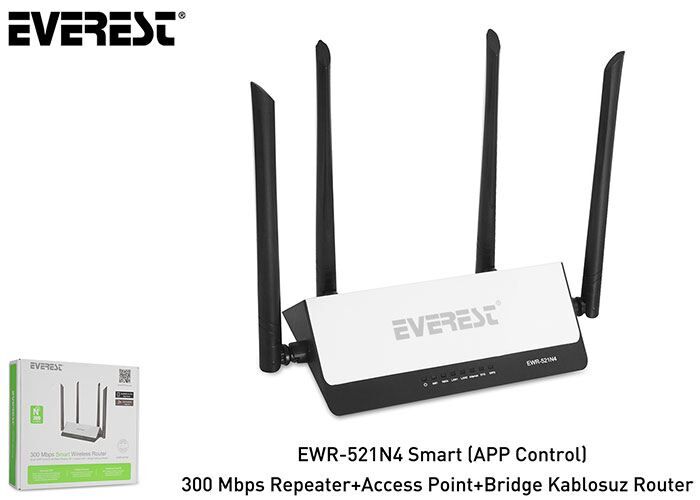 EVEREST 300Mbps Smart(APP Control) Repeater,AP,Bridge,Kablosuz Router EWR-521N4