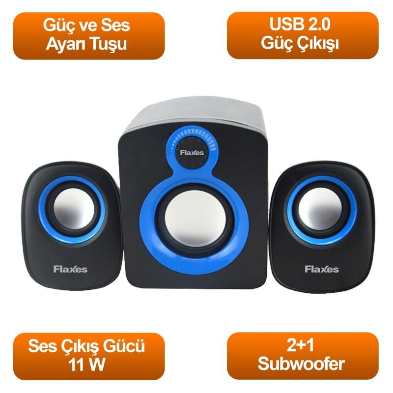 FLAXES FLX-025 11W 2+1 Subwoofer Siyah,Mavi Hoparlör